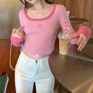 Long-sleeve Floral Embroidered Knit Crop Top