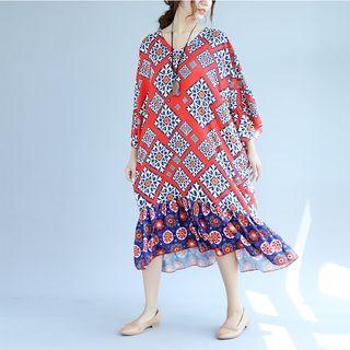 3/4 Sleeve Ruffle-hem Patterned Midi Dress