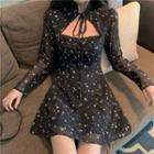 Floral Print Long-sleeve Mini A-line Dress Black - One Size