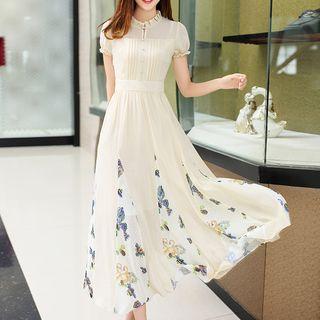 Printed Elbow-sleeve Ruffled Midi Chiffon Dress