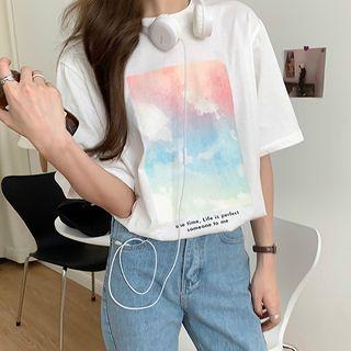 Elbow-sleeve Lettering Print T-shirt White - One Size