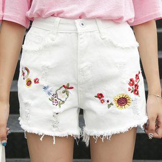 Embroidered Ripped Denim Shorts