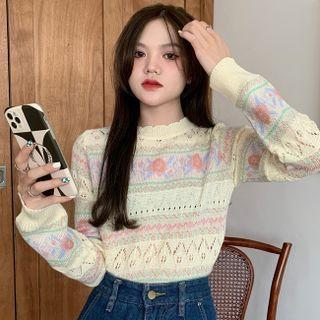 Long-sleeve Flower Print Perforated Knit Top