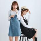 Set: Long Sleeve Plaid T-shirt + Spaghetti-strap Denim Fringed Trim Dress