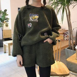 Set: Long Sleeve Applique Fleece Pullover + Shorts Army Green - One Size