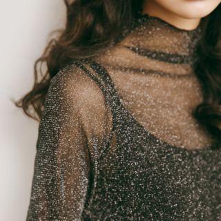 Long-sleeve Mock-neck Mesh Top