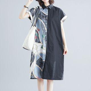 Short-sleeve Print Midi Shirt Dress As Shown In Figure - One Size