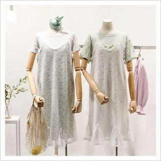 Embroidered Spaghetti Strap Mesh Dress