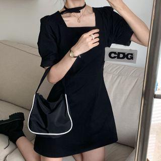 Plain Short Sleeve Dress Black - One Size