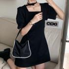 Plain Short Sleeve Dress Black - One Size