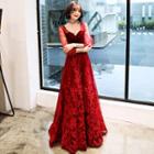 Puff-sleeve Applique A-line Evening Gown