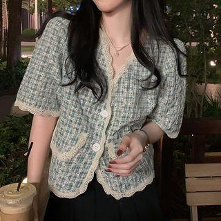 Short-sleeve Lace Trim Plaid Button-up Blouse
