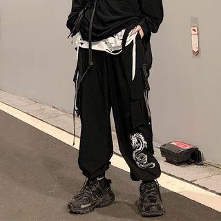 Dragon Embroidered Jogger Pants Black - One Size