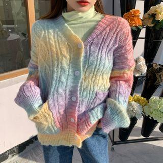 Long-sleeve Turtleneck Plain T-shirt / Gradient Knit Cardigan