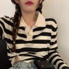 Color Block Striped Polo Collar Knit Top As Shown In Figure - One Size