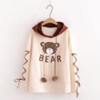 Bear Print Lace-up Hoodie Almond - One Size