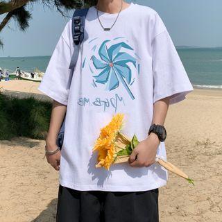 Elbow-sleeve Pinwheel Print T-shirt