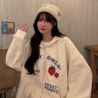 Strawberry Embroidered Zip-up Hoodie