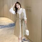 Mock Two-piece Tie-waist A-line Shirtdress