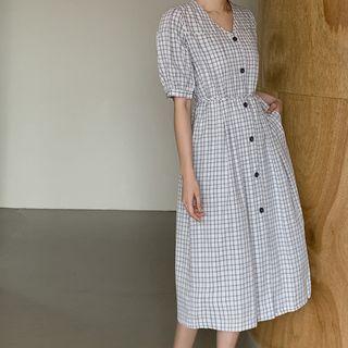 V-neck Pleated Long Plaid Dress Light Beige - One Size