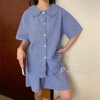 Set:color-block Plaid Peter-pan Collar Short-sleeve Top + High-waist Shorts