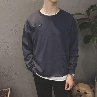 Long-sleeve Distressed Plain Pullover