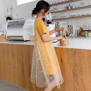 Set: Short-sleeve T-shirt Dress + Pineapple Embroidered Midi Pinafore Dress