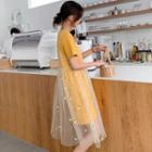 Set: Short-sleeve T-shirt Dress + Pineapple Embroidered Midi Pinafore Dress