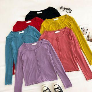 Plain Crewneck Single-breasted Long-sleeve Top