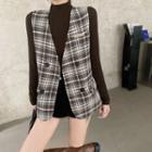 Long-sleeve Top / Plaid Double-breasted Vest