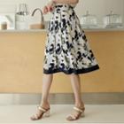 Band-waist Flared Midi Floral Skirt Navy Blue - One Size