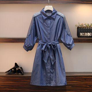 Elbow-sleeve Mesh Panel A-line Denim Dress