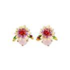 Fashion And Elegant Plated Gold Enamel Flower Pink Cubic Zirconia Stud Earrings Golden - One Size