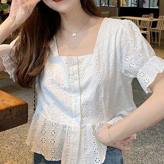 Plain Eyelet Lace Square-neck Short-sleeve Top
