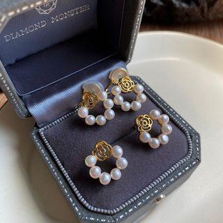 Faux Pearl Floral Hoop Earring / Clip-on Earring