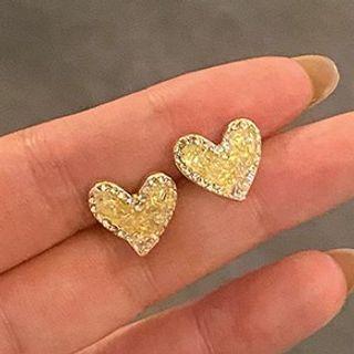 Rhinestone Heart Stud Earring 1 Pair - 925 Silver Needle - Gold - One Size
