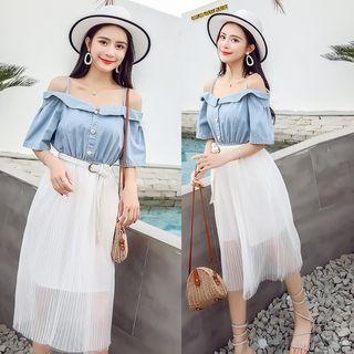 Set: Off Shoulder Elbow-sleeve Top + Midi Skirt