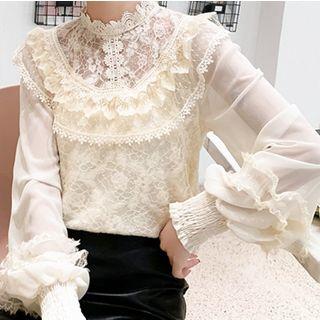 Chiffon Panel Ruffle Trim Lace Top