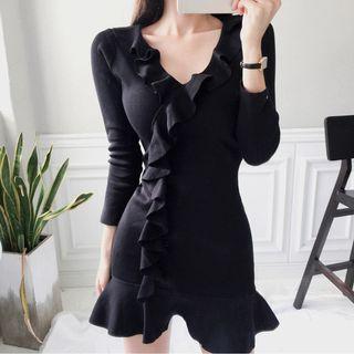 Long-sleeve Ruffle-trim Mini Bodycon Knit Dress