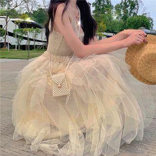 Spaghetti Strap Ruffled Knit A-line Midi Dress
