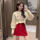 Butterfly Print Ruffled Sweatshirt / A-line Skirt