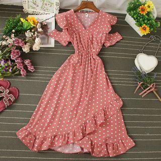 Dotted Ruffle Trim Midi A-line Dress