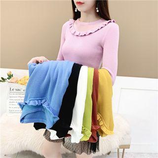 Long-sleeve Ruffle Trim Mesh Plain Knit Top