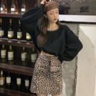 Plain Sweatshirt / Leopard Print Mini A-line Skirt / Crossbody Bag