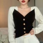 Long-sleeve Two-tone Cropped Knit Top
