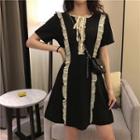 Color-block Frilled Short-sleeve Slim-fit Dress Black - One Size