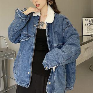 Fluffy Trim Zip Denim Jacket Denim Blue - One Size