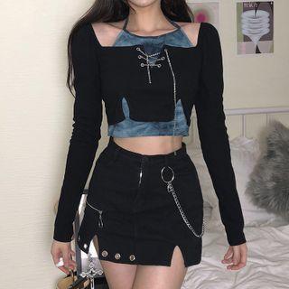 Mock Two Piece Long Sleeve Tie-dyed Chain Detail Crop Top