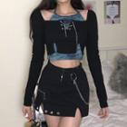 Mock Two Piece Long Sleeve Tie-dyed Chain Detail Crop Top