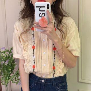 Puff-sleeve Embroidered Ruffled Blouse Light Yellow - One Size